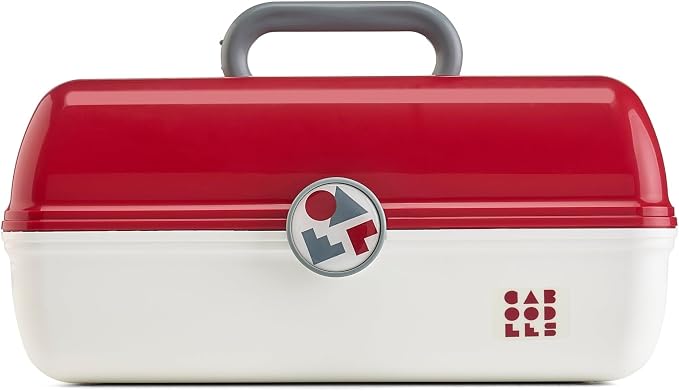 Caboodles School Spirit On-The-Go Girl Makeup Box, Crimson Over White, Hard Plastic Makeup Organizer Box, Built-In Mirror, Secure Latch for Safe Travel, Spacious Storage for Large Items