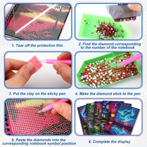 Fullhawl 6 Pack 5D DIY Diamond Art Crafts Kit for Adults Office Supplies Beginner A5 Leather Diamond Painting Gift for Women Art Cover Craft Accessories with Tool (Aurora Painting)