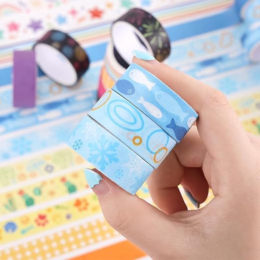 icceemee 30 Rolls Colorful Theme Washi Tape Set with Different Colorful Patterns, Writable Decorative Tapes for Scrapbooking, Junk Journal Supplies, Bullet Journaling, 0.6'' x 79'' per Roll