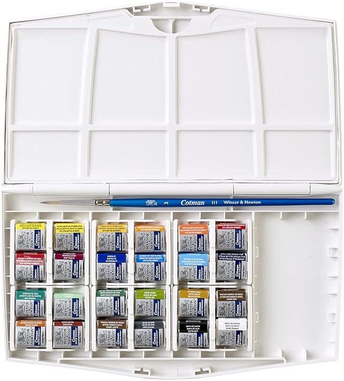 Winsor & Newton Cotman Watercolor Paint Set, 24 Half Pan Painting Plus Set | Introductory Watercolor made with Fine Art Pigments, Perfect for Beginners, Lightfast & Permanent, Good Tinting Strength