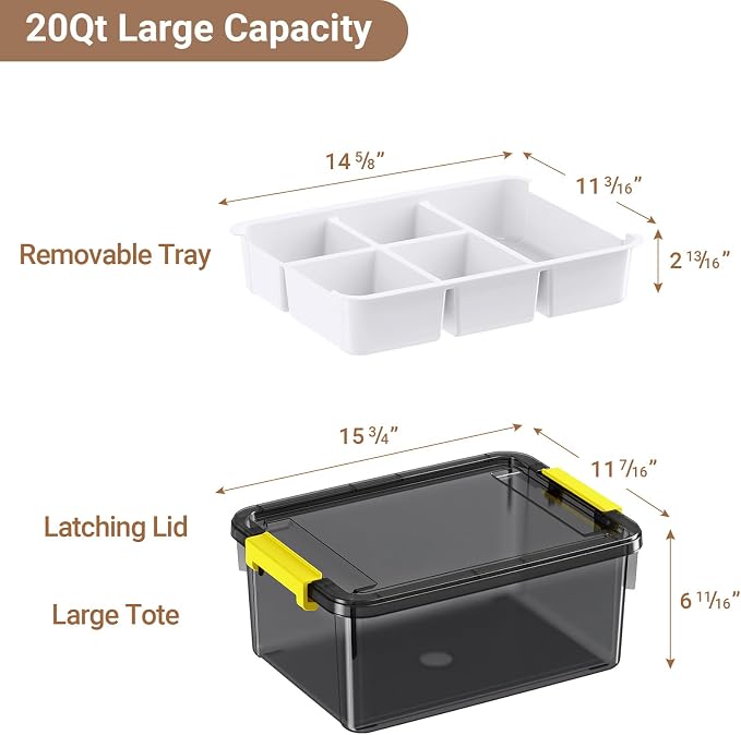 20Qt Stackable Storage Bins with Lids Trays Craft Box Organizers, 1Pack,GY