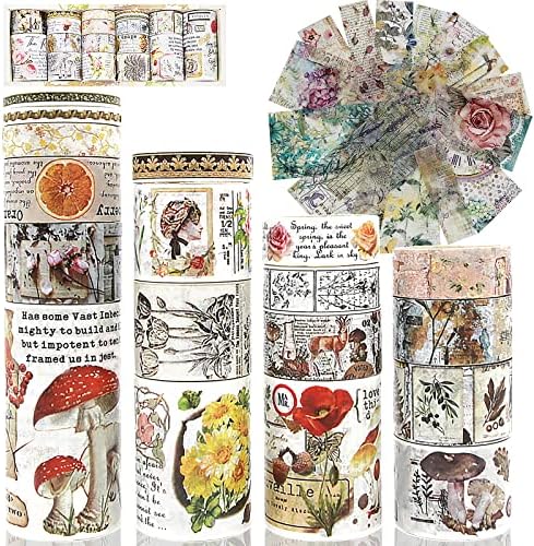 Vintage Washi Tape 18 Rolls & 15 Flower Stickers Set,75/50/30/25/20/15/10/5mm Wide Mushrooms,Butterfly,Floral,Letter Decorative Masking Tape Set for Journaling,Scrapbook Supplies, Arts&Crafts(Forest)