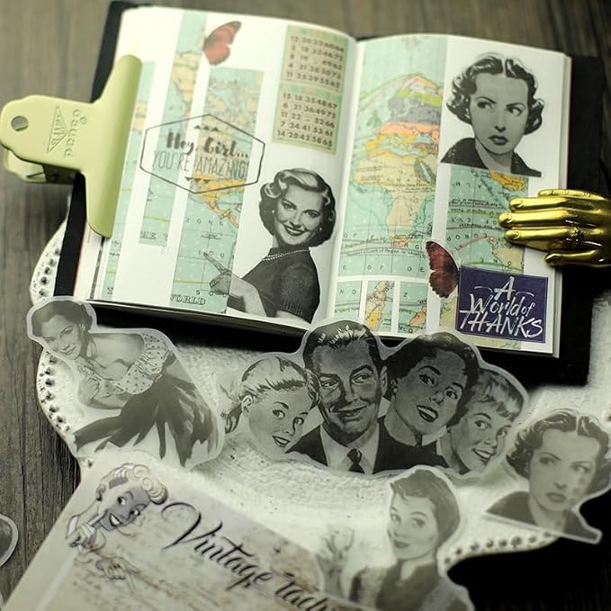 CATaireen Vintage Junk Journal Ephemera Scrapbooking Supplies Translucent Vellum Paper Stickers Card Making Decal Art Aesthetic for Adults (Character Dark -2)