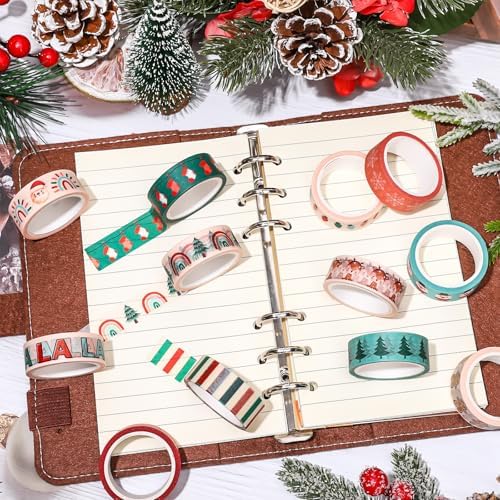 JarThenaAMCS 12 Rolls Christmas Boho Washi Tape Xmas Tree Santa Claus Snowman Colorful Decorative Masking Tape for Winter Scrapbook Journal DIY Art Craft Gift Wrapping