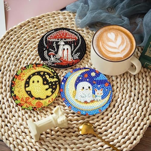 8 Pcs Ghost Diamond Art Coasters Kits for Adults,DIY Halloween Diamond Painting Coaster Kits with Holder,Crystal Full Drill Rhinestone Diamonds Art Diamond Paintings Kit Supplies