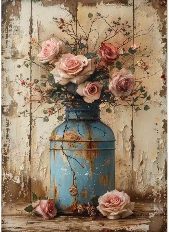 OJTOYART Paint by Numbers Kit for Adults, Rose Vase Painting by Numbers for Beginner, Retro Oil Painting Kits Adults' Paint-by-Number Kits for Home Wall Decor 16 x 20 Inch