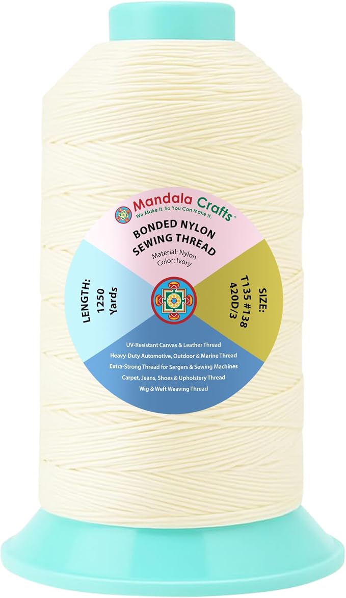 Mandala Crafts Size 138 420D T135 Ivory Bonded Nylon Thread, 1250 YDs