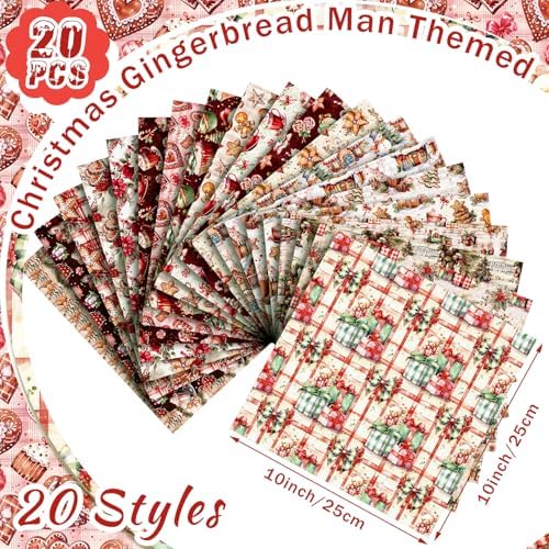 HunnmingRe 20 Pcs 10''x10'' Gingerbread Christmas Quilting Fabric Squares