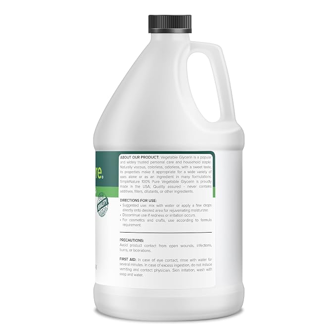 SimpleNature 100% Pure Vegetable Glycerin - 1 Gallon (128 fl oz) - Food/Cosmetic Grade Skincare, Haircare, Cosmetics, Soapmaking, Crafts - Softening & Moisturizing Multipurpose Humectant