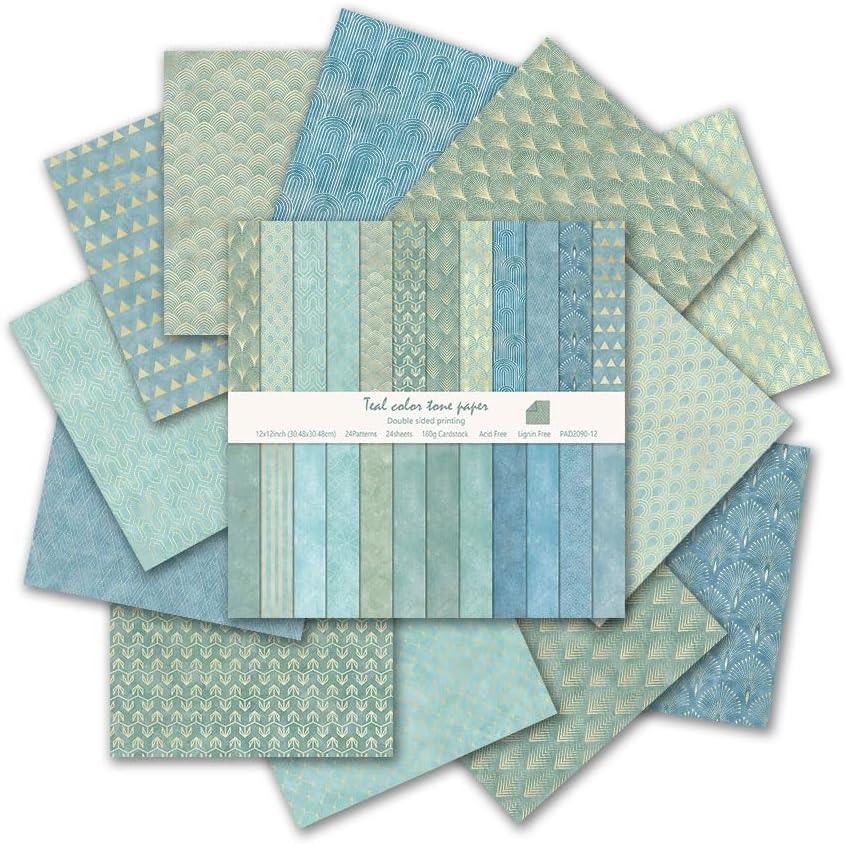 Teal Color Art Deco Scrapbook Paper 24 Sheets Pattern Paper Double Sided Printing for DIY Card Making Scrapbook Wedding Photo Album Home Décor-12 x 12 Inches