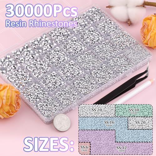 30000Pcs Silver Rhinestones for Bedazzling with B7000 Jewelry Glue, Bedazzler Kit Bulk Flatback Gems, Resin Rhinestones for Crafting Crafts Clothing Shoes Fabric Nail Art Assorted Size 2/3/4/5/6mm