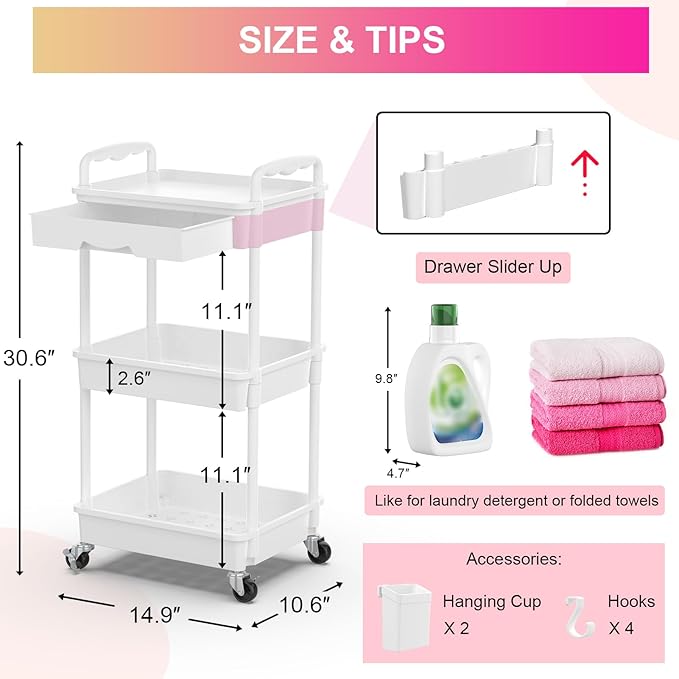 Goovilla 3 Tier Rolling Utility Cart Organizer with Removable Drawer, White | Stable and Sturdy Rolling Storage Carts with 2 Lockable Wheels for Bathroom, Kitchen, Snack, Craft, Makeup, Baby Essentials