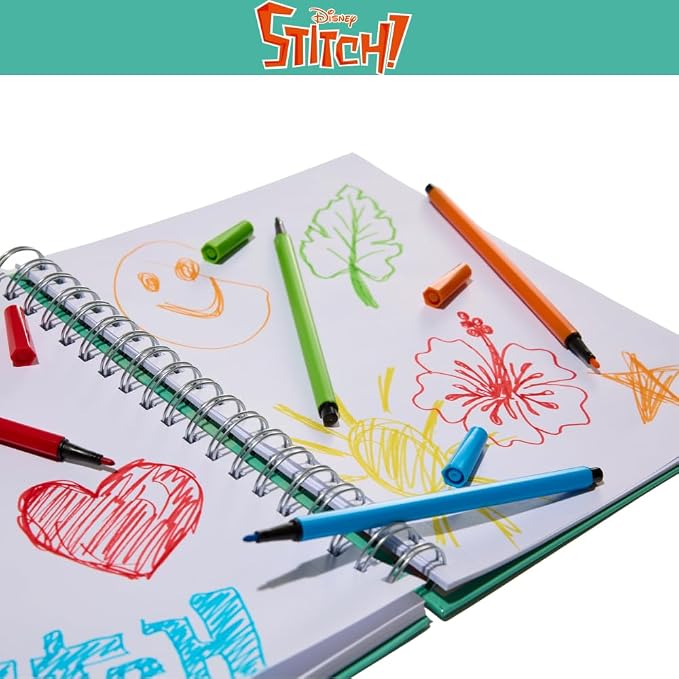 Disney Stitch Sketchbook for Kids with Washable Markers, 86 Blank Pages Spiral Bound, Turquoise