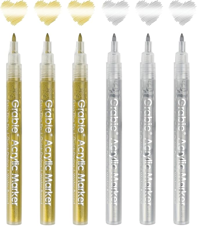 Grabie 0.7 mm Acrylic Paint Markers, Pack of 6 gold & silver Pens