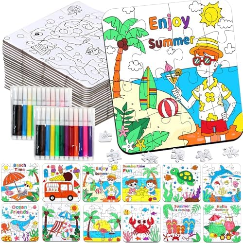 24Set Summer Arts & Crafts for Kids Adults Bulk, Hawaiian Summer Activity DIY Puzzle Kit with Beach Tropical Palm Tree, Luau Ocean Theme Painting for Classroom Party Favors Gift Coloring Game Supplies