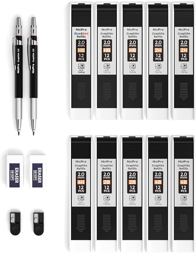 Nicpro 2mm Metal Mechanical Pencil Set with Case, 2PCS