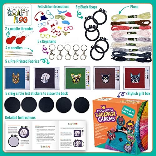Dogs Cross Stitch Kits for Kids - 5 Stamped Beginner Needlepoint Sets