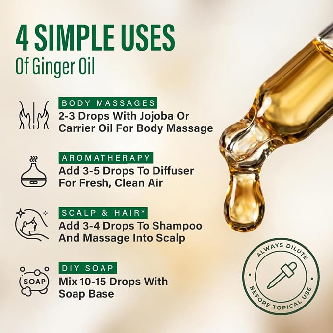 Kukka 100% Pure Ginger Essential Oil for Skin, Diffuser, 4 Fl Oz | Undiluted Ginger Oil for Scalp Care, Warming Massage Blends, Diffuser Aromatherapy & DIY Soap Making