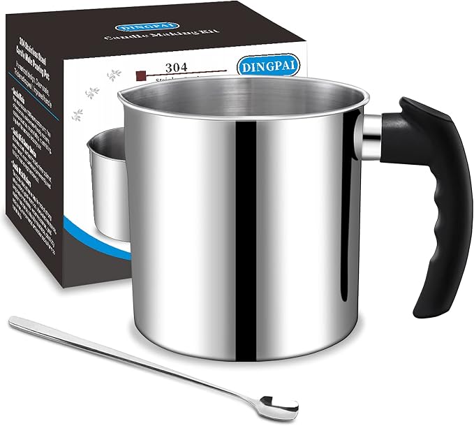 DINGPAI Candle Making Pouring Pot, 44oz Double Boiler Wax Melting Pot | 304 Stainless Steel Candle Making Pitcher & Spoon, Silver Color, Heat-Resistant Handle and Dripless Pouring Spout Design