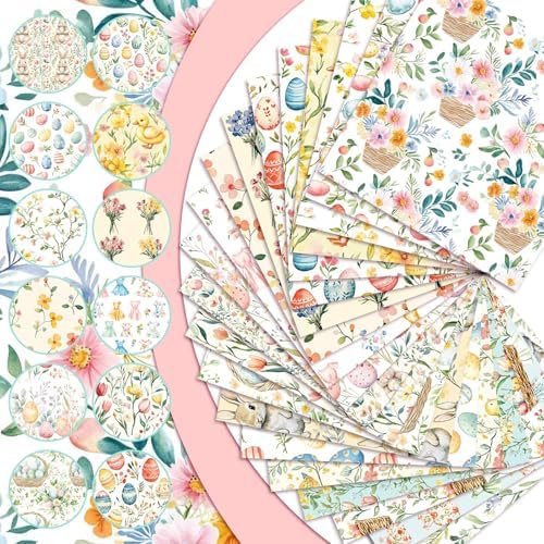 HunnmingRe 20 Pcs 10''x10'' Vintage Easter Quilting Fabric Square Bundle Pastel Bunny Tulips Precuts Quiltted Fabric Boho Flower Printed Patchwork Supplies for Patchwork DIY Sewing Craft