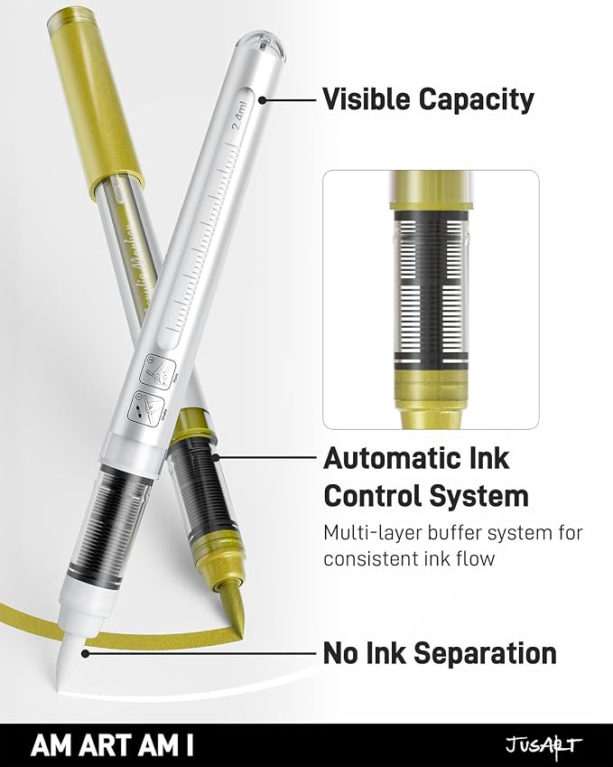 JusArt 3 Gold Acrylic Paint Markers Brush Tip, Automatic Ink Control