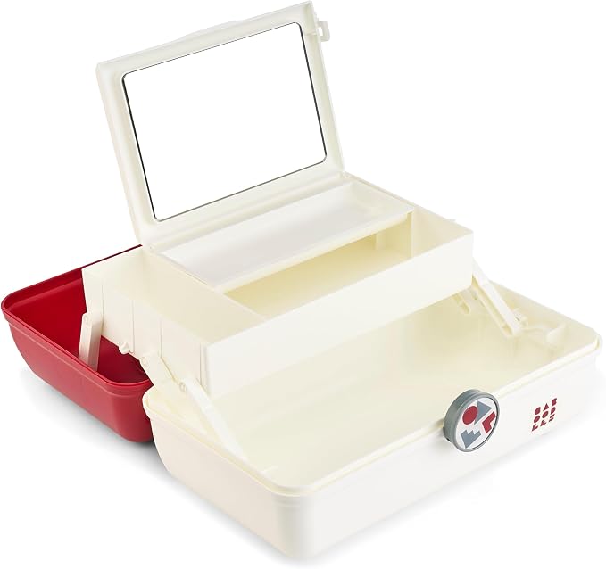 Caboodles School Spirit On-The-Go Girl Makeup Box, Crimson Over White, Hard Plastic Makeup Organizer Box, Built-In Mirror, Secure Latch for Safe Travel, Spacious Storage for Large Items