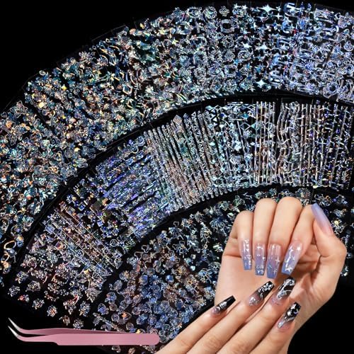 Teenitor 50 Sheets Aurora Nail Stickers for Nail Art, Star Nail Art Stickers for Kids Women, Laser Silver Nail Decals Fingernail Stickers for Holiday, Self-Adhesive Nail Decorations