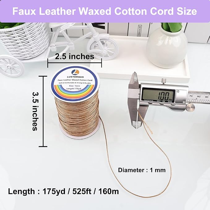 LUSTEMBER 1mm Faux Leather Waxed Cotton Cord, 175 Yards – Durable Necklace String, Soft and Textured Cord for Necklaces, Bracelets, and Jewelry Making