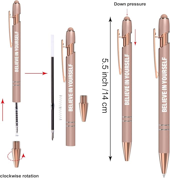 Actsun Funny Pens, 12 Pcs Rose Gold Fine Point Smooth Writing Pens, Inspirational Stylus Ballpoint Pens with Screens Touch Stylus Tips, Black Ink 1.0 Mm Gift Office Desk Accessories
