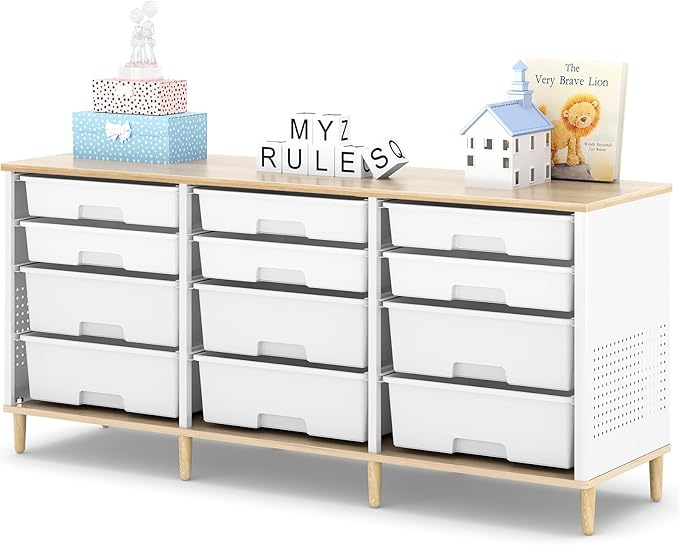 TOOLF 12 Drawers Storage Cabinet with Wooden Top and Plastic Bins, White | Toy Shelf Storage Chest Cubby Organizer, for Home, Office, Playroom, Classroom & Craft Room