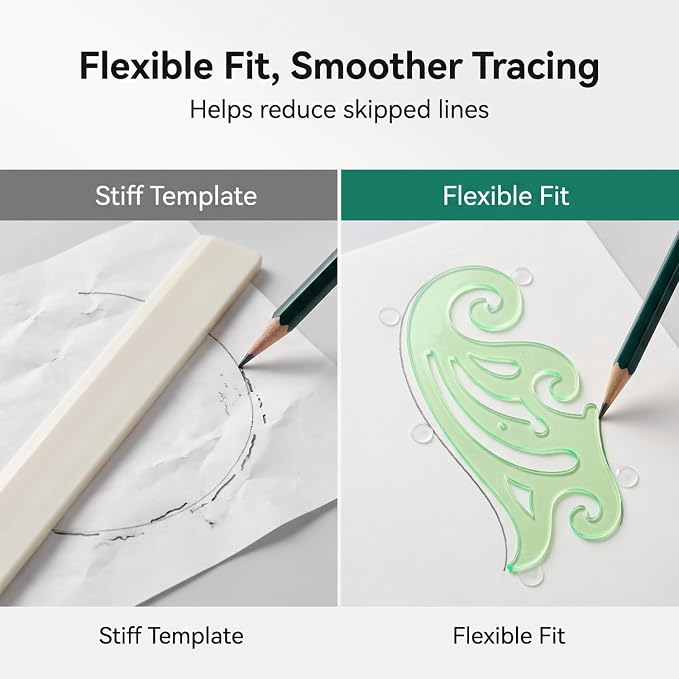 TecUnite 6 Pcs French Curve Ruler Set, Clear Green Plastic Curve Templates for Drawing, Drafting, Sewing Pattern Making, Fashion Design and Art Craft Projects