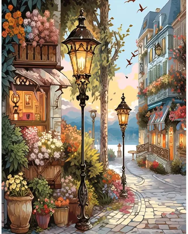 Muzagroo Paint by Numbers Oil Painting Kits for Adults DIY Streetscape Oil Painting for Beginners Hand Crafts Kits with Brushes and Acrylic Paints 16x20 inches (Streetscape)