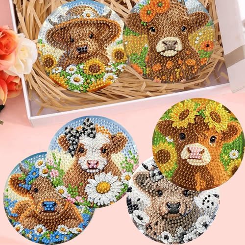 8 Pack Diamond Art Coasters,Highland Cow Diamond Painting Coasters Kits