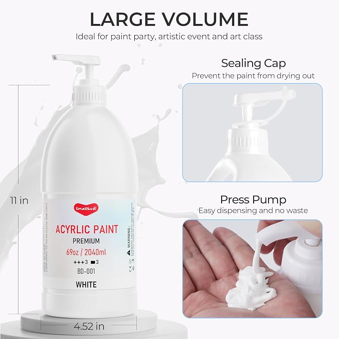 Smallbudi White Acrylic Paint 69oz/2040ml Large Bulk Bottle with Pump