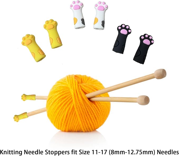 SPANSEE 6 PCS Cat Paw Knitting Needles Stoppers, Knitting Needle Point Protectors, Stitch Stopper, Needle Minder, Knitting Accessories, Knitting Supplies fit Size 11-17 (8mm-12.75mm) Needles