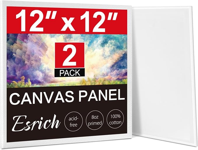 ESRICH Canvas for Painting, 2 Pack Square Canvas Boards for Painting 12x12 100% Cotton Primed Acid Free Blank Canvas Panels for Oil Paint, Watercolor, Acrylic Paint, Gouache and Tempera.