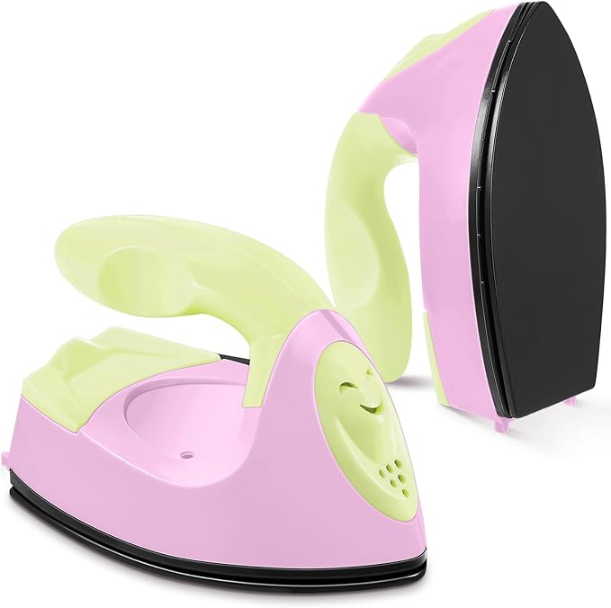 Honoson Mini Craft Iron Mini Heat Press Small Iron 3.93 x 2.36 x 2.76 Portable Tiny Flatiron with Charging Base Accessory for Fuse Bead Patch DIY Heat Transfer Vinyl (Light Yellow, Light Pink)