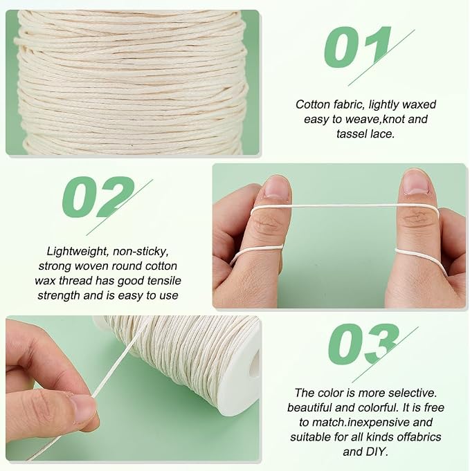 PH PandaHall 1mm Waxed Cotton Cord, 100 Yards Beading String Thread Wax Cord for Braid Bracelet Necklace Jewelry DIY Craft Macrame Making Glass Vase Floral Arrangement, Beige Color