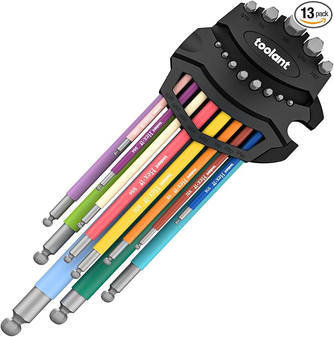 Sae Allen Wrenches Sets 13pcs, Extra Long Arm Allen Key Set with Ball End, Crafted Hex Key Set with Color Coded Sleeves, Unique Patented Holder Design for Magnetizing and Demagnetizing
