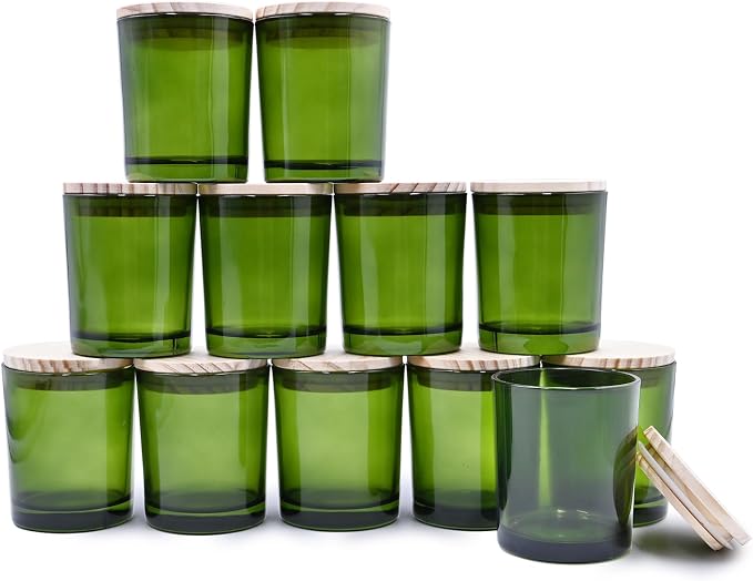 SHOWIN Thick Candle Jars for Making Candles 12 Pcs, 7 OZ Empty Jars with Wood Lids for Candle Making, Sample Container, Clear Green