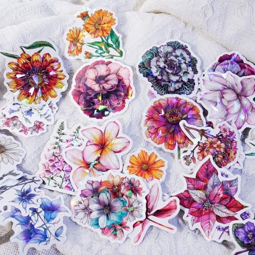100 PCS Glitter Natural Flower Stickers for Scrapbooking, Verseyi Aesthetic Trendy Floral Stickers for Journaling Notebook DIY Cards Decoration, Vinyl Waterproof Garden Deco Sticker