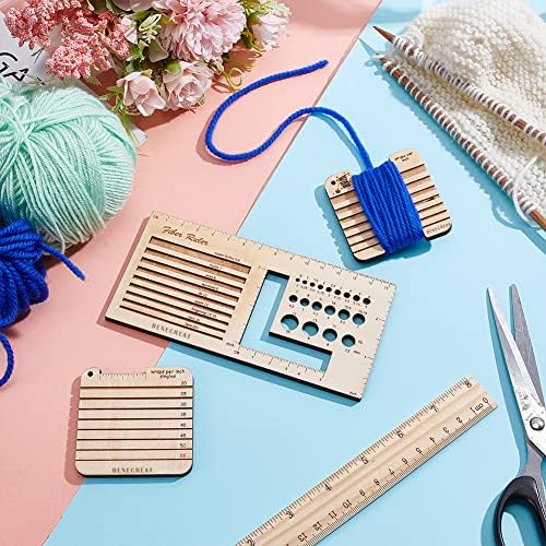 BENECREAT 3Pcs Knitting Needle Gauge Multifunctional Wood Spinning Control Card Knitting Tool for Spinners Yarn WPI Guide Gauge Measuring Tools Crochet Accessories