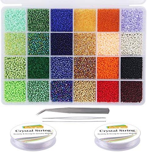 EuTengHao 14400pcs Glass Seed Beads Small Craft Beads for DIY Bracelet Necklaces Crafting Jewelry Making Supplies with Two 0.5mm Clear Bracelet String (600Pcs Per Color, 24 Colors)