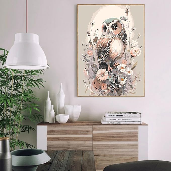 Mrnsiet Owl Paint by Number for Adult Kit, DIY Acrylic Paint by Numbers for Adults Beginner, Owl and Flowers Oil Painting by Number on Canvas for Home Wall Decor 16x20inch