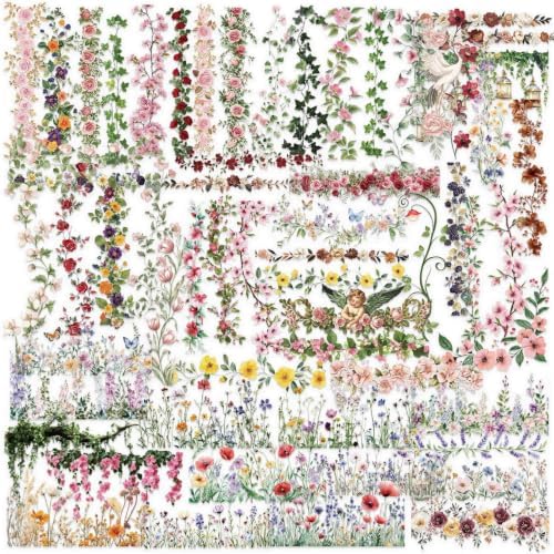 50PCS Transparent Natural Flower Scrapbook Stickers | Flower Aesthetic Scrapbook Supplies for Journaling, DIY Crafts, Planners, Water Bottle, Card Making,Junk