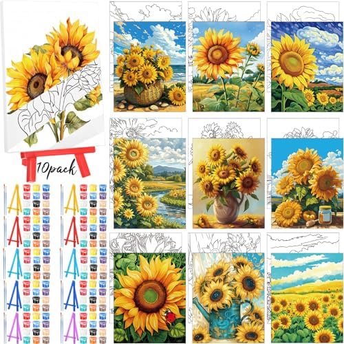 Blosssound 10 Set Pre Printed Canvas Pre Drawn Canvas Painting with Easel Kits 5" x 7" Outline Painting Panels for Beginners, DIY Craft Project, Home Decors(Sunflower)