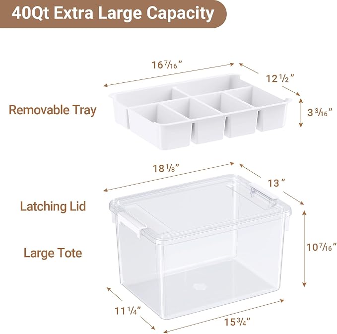 40Qt Stackable Storage Bin with Lid Tray Craft Box Organizer, 1Pack,WH