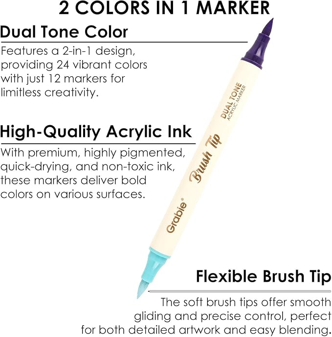 Grabie 24 Color Acrylic Paint Markers, Pack of 12 Dual Tip Brush Pens | 24 Colors in 12 Markers,Dual Tip Soft Brush Design,Water-Based Acrylic Ink For Paper, Rock, Wood, Canvas, Glass & Fabric