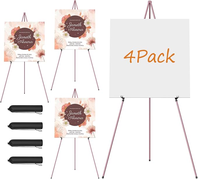 Easel Stand for Display, Aredy 63" Portable Painting Easel, Lightweight Metal Easels for Painting Canvas, Wedding Sign (4 Pack, Pink)