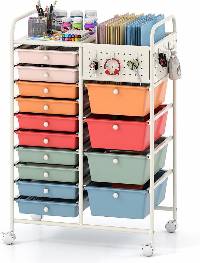 Giantex 14 Drawer Storage Cart, Rolling Craft Cart with Metal Tabletop & Pegboard, Mobile Utility Organizer Trolley with Locking Wheels, Home Office, Macaron Multicolor